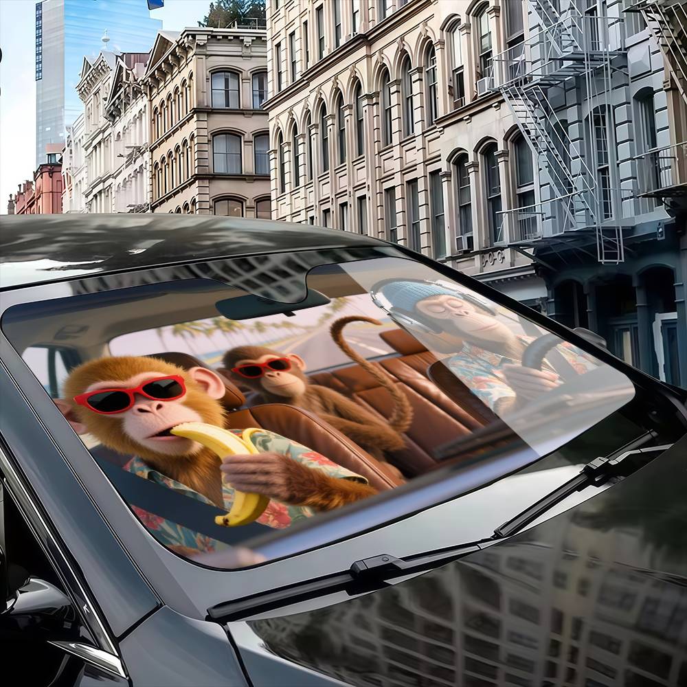 面白い猿ドライバー車のサンシェードカーテンフロントガラスカバ - Automatic Car Sunshade のレビューと価格