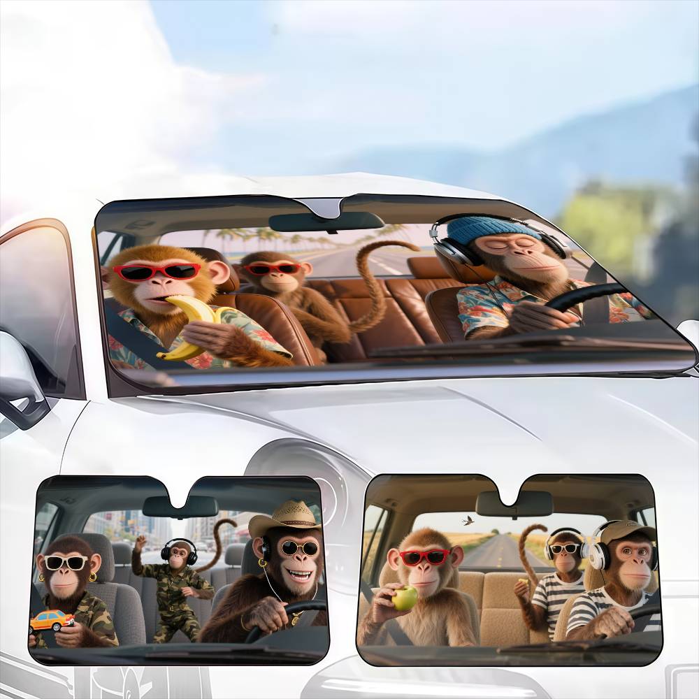 面白い猿ドライバー車のサンシェードカーテンフロントガラスカバ - Automatic Car Sunshade のレビューと価格